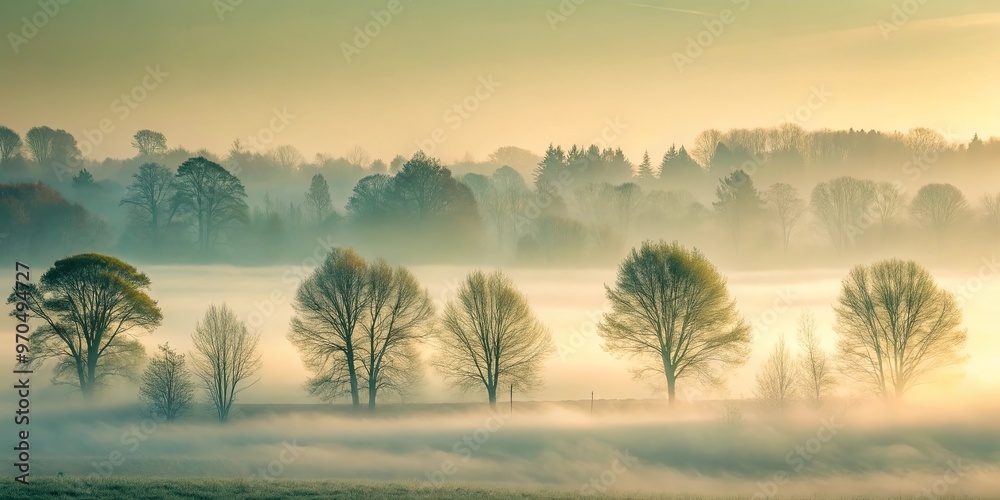 Obraz premium Distant trees in misty background, creating a serene and ethereal wallpaper