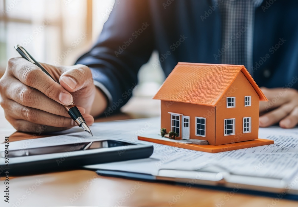 Fototapeta premium Signing documents for a new home purchase with a miniature house model on the table