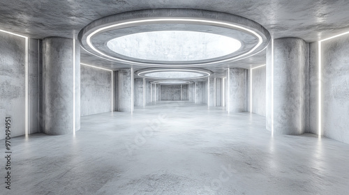 A 3D image of a circular basement hall with white and gray concrete walls.