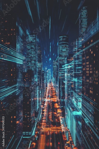 Dynamic cityscape with glowing light trails illustrating urban movement at night