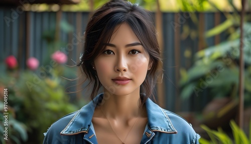 Asian woman in denim jacket amidst vibrant flower garden, showcasing natures beauty and style