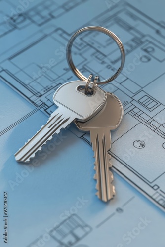 Keys resting on architectural blueprints in a workspace during daylight hours