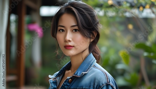 Asian woman in denim jacket amidst vibrant flower garden, showcasing natures beauty and style