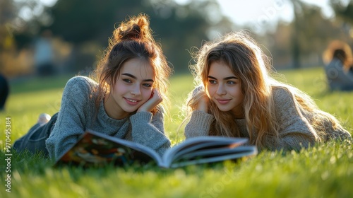 Two friends enjoy reading together on a sunny afternoon in a park surrounded ...