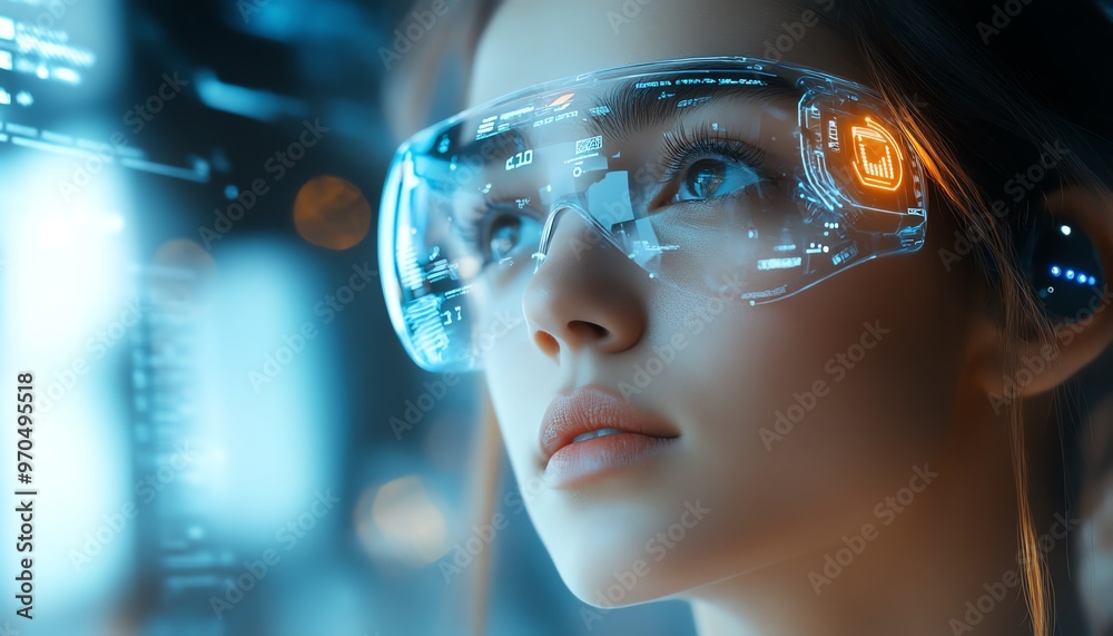 Futuristic image of a young businesswoman using advanced wearable devices, integrated with IoT, FinTech solutions, and wireless communication networks Futuristic image of a young businesswoman using advanced wearable devices, integrated with IoT, FinTech solutions, and wireless communication networks