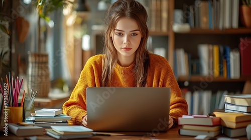 A woman sitting at a desk with her laptop open, focused on an online class, surrounded by books, notes, and stationery, soft natural light streaming through a nearby window, photo