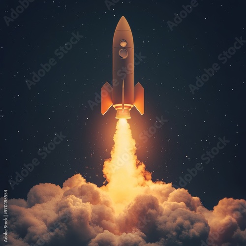 Rocket launches into the sky, surrounded by a plume of smoke and bright flame...