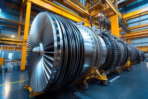 Turbines and generators being installed in a power station, high-tech energy production, Heavy industry materials power