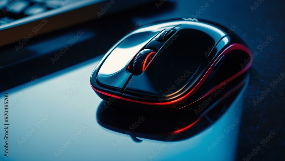 Sleek computer mouse reflecting on a polished desk in a pop art anime style. Sleek computer mouse reflecting on a polished desk in a pop art anime style.