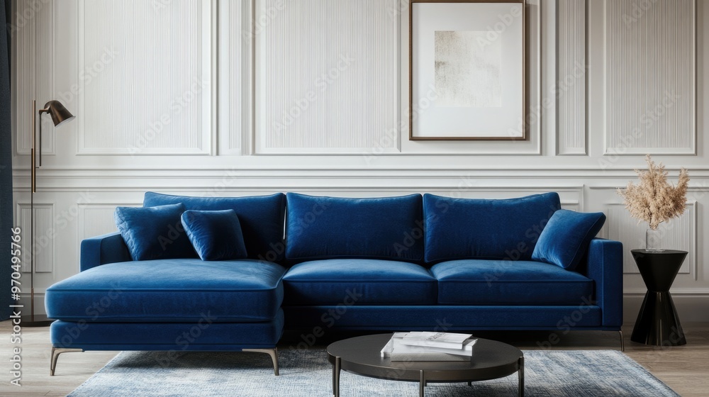 Contemporary Living Room Interior with Blue Sofa and Classic Design Elements Contemporary Living Room Interior with Blue Sofa and Classic Design Elements