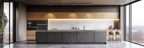 Modern Kitchen Design Mockup. Contemporary Cooking Space with Panoramic View photo