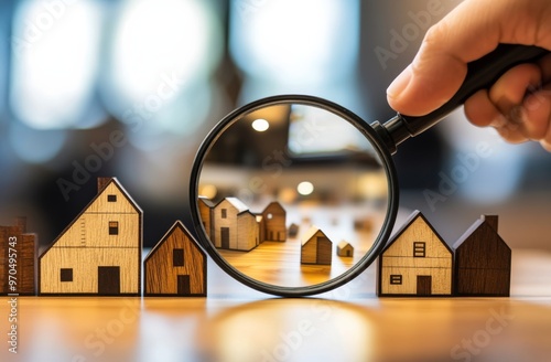 Exploring miniature houses through a magnifying glass on a wooden surface in ...