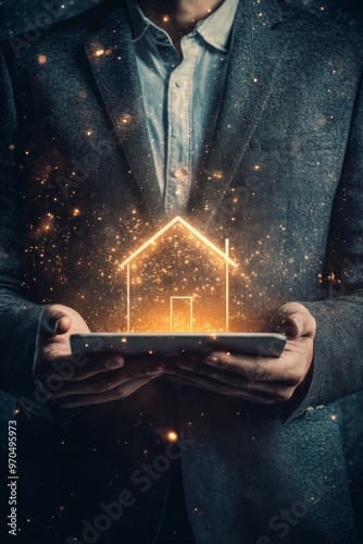 Person using a smartphone with glowing home icons in a dimly lit environment ...