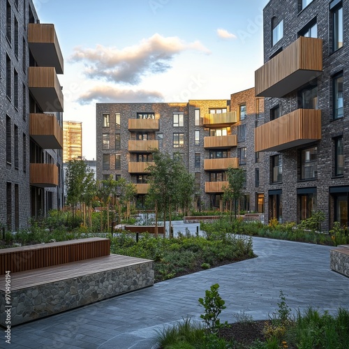 Modern residential architecture in a landscaped urban environment during gold...