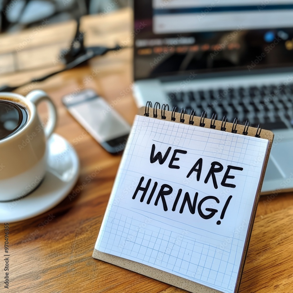 Job recruitment announcement on a spiral notepad with a coffee cup in a cozy workspace Job recruitment announcement on a spiral notepad with a coffee cup in a cozy workspace