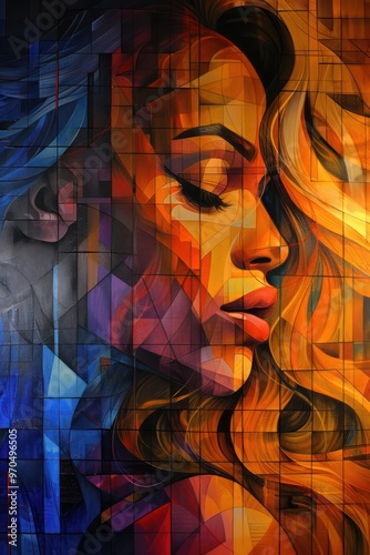 A vibrant, abstract portrait of a woman, showcasing bold colors and geometric shapes to evoke emotion and beauty.