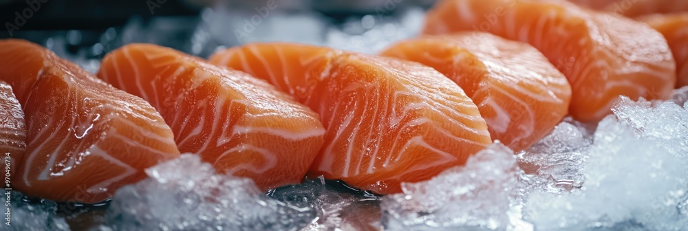 Gourmet Salmon Fillet Displayed on Ice Bed at the Seafood Market Gourmet Salmon Fillet Displayed on Ice Bed at the Seafood Market