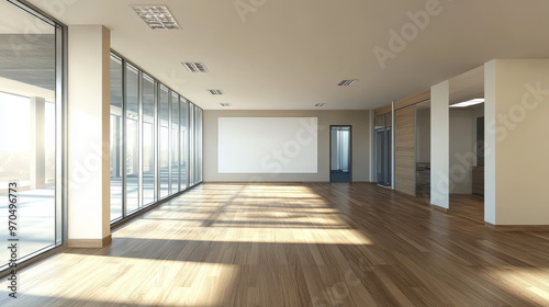 A 3D picture shows a large office with a blank whiteboard. You can see the entire room from all angles.