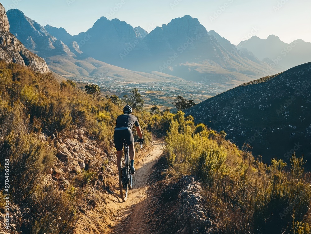 Fototapeta premium A lone cyclist rides along a mountain path, with a picturesque view of the valley and mountains in the background.