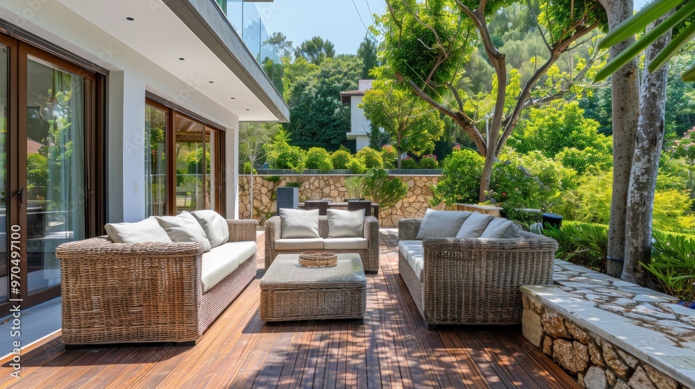 Large terrace with garden and rattan furniture AI generated image Large terrace with garden and rattan furniture AI generated image