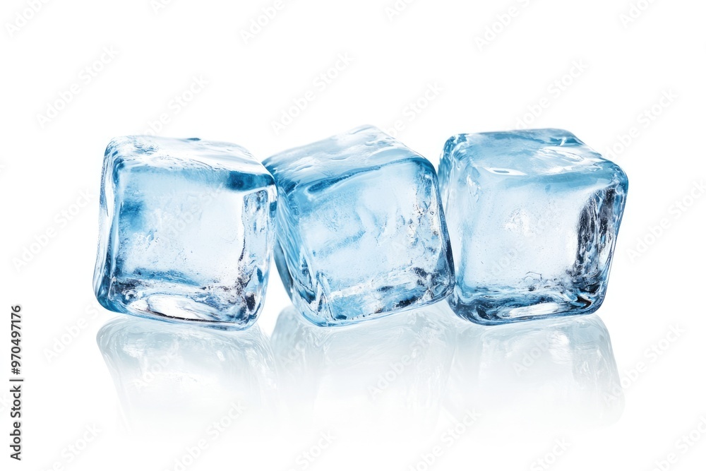 Three Clear Ice Cubes on a White Background - Refreshing Cold Elements for Cocktails Three Clear Ice Cubes on a White Background - Refreshing Cold Elements for Cocktails