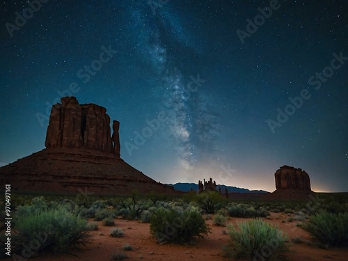 Starry night over a desert with tall rock formations.
