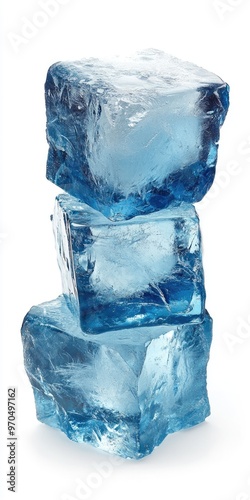 Stack of Three Ice Cubes Tower on White Background