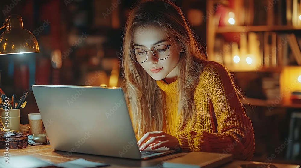 A woman working late into the night on her laptop, the screen casting a bright glow in an otherwise dark room, soft shadows highlighting the calm, focused atmosphere. --ar 16:9 --sref https://s.mj. A woman working late into the night on her laptop, the screen casting a bright glow in an otherwise dark room, soft shadows highlighting the calm, focused atmosphere. --ar 16:9 --sref https://s.mj.