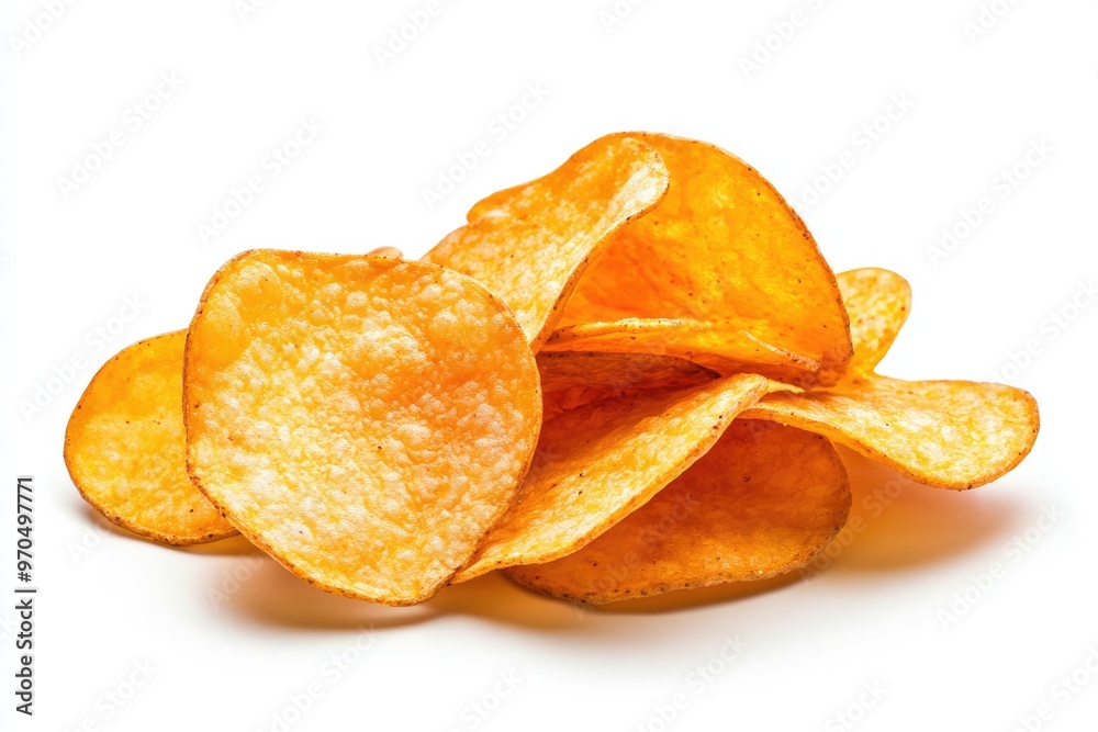 Golden Crispy Potato Chips Pile on White Background. Delicious and Salty Snack Collection Golden Crispy Potato Chips Pile on White Background. Delicious and Salty Snack Collection