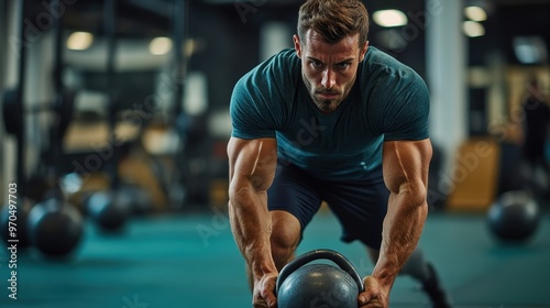 A muscular man performs a medicine ball exercise in a gym. He is focused and determined. photo