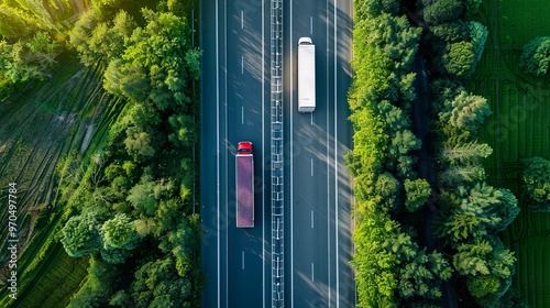 An overhead shot of cars and trucks traveling in opposite directions on a divided highway, with green landscapes on either side.