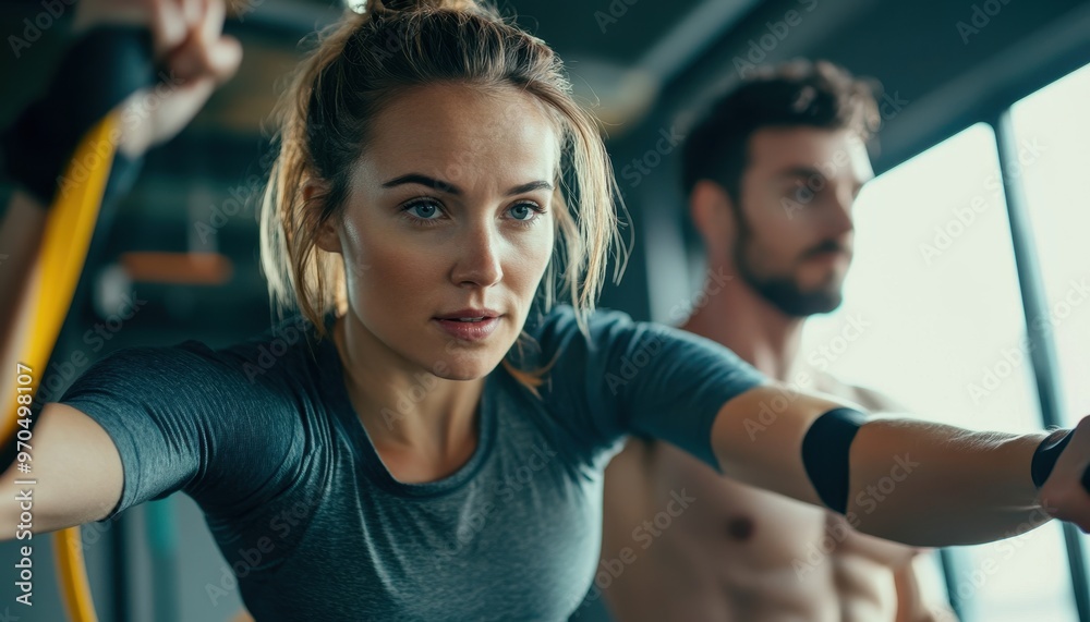 Obraz premium A woman focuses on her workout during a gym class, with a man in the background.