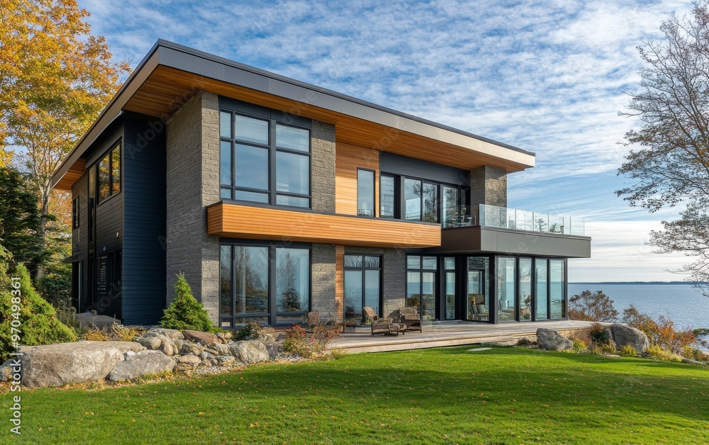 Modern lakeside home with expansive windows and natural landscaping by the shore Modern lakeside home with expansive windows and natural landscaping by the shore