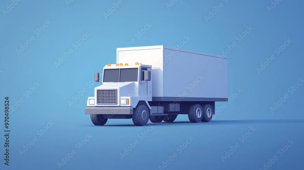 A big delivery truck is shown in a simple, 3D style. It's against a blue background. This represents how goods are shipped around the world.low poly vector illustration. A big delivery truck is shown in a simple, 3D style. It's against a blue background. This represents how goods are shipped around the world.low poly vector illustration.
