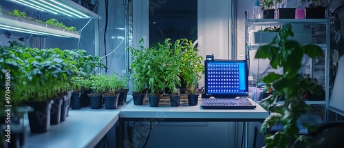 Advanced research setup with LED technology and electronics, focusing on plant growth optimization within a controlled environment photo