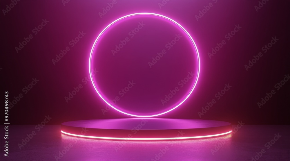 Neon pink circular light illuminates a display platform in a minimalistic studio setting Neon pink circular light illuminates a display platform in a minimalistic studio setting
