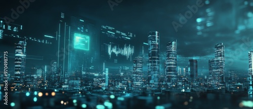 Futuristic city skyline illuminated by glowing digital data projections at night