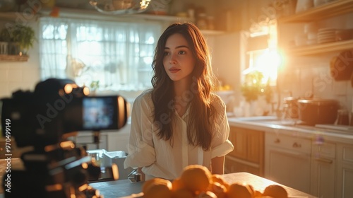 Young woman poses in a sunlit kitchen while a camera captures her beauty and ...