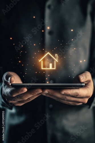 Person using a smartphone with glowing home icons in a dimly lit environment ...