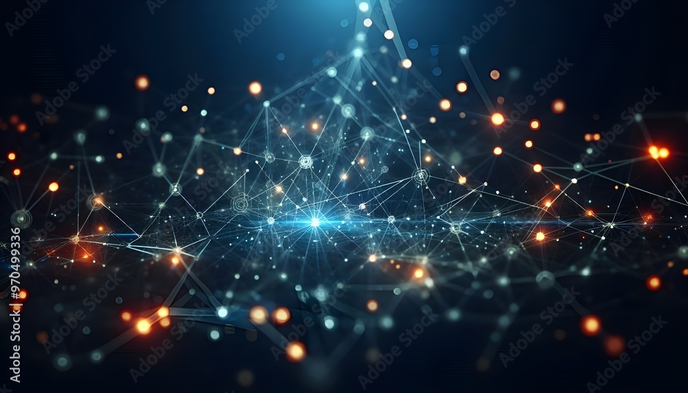 Obraz premium Abstract digital network connections with nodes and lines on a dark blue background, concept of connectivity