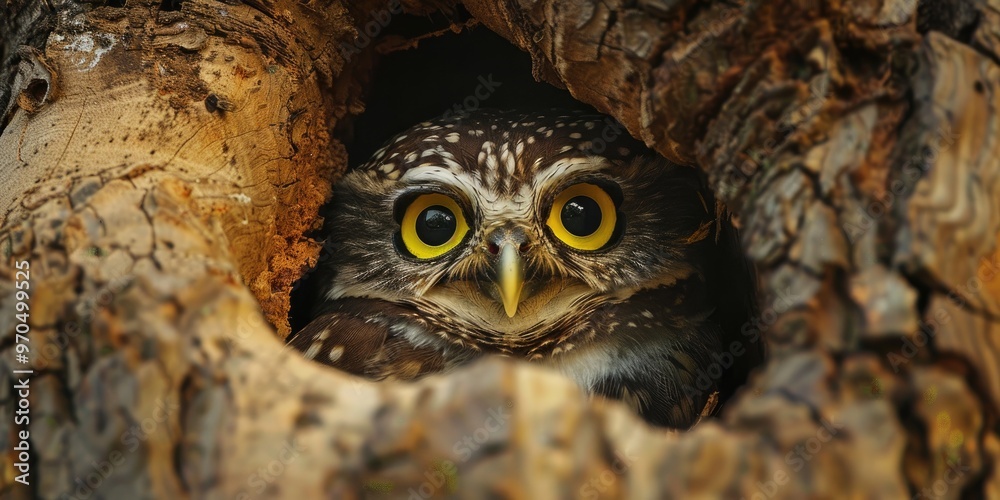Alert Spotted Owlet Athene brama peering from tree hollow nest in forest park featuring yellow eyes white eyebrows and neck band Alert Spotted Owlet Athene brama peering from tree hollow nest in forest park featuring yellow eyes white eyebrows and neck band