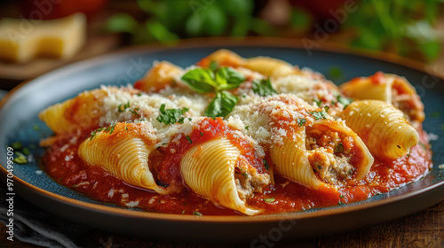 A plate of stuffed pasta shells with red sauce. AI generative