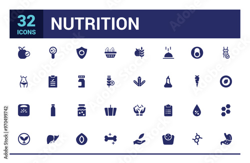 Nutrition icons set. Healthy food and diet vector icons. Solid icon set. Glyph icon for web and ui. Filled icon pack, editable stroke. Vector illustration.