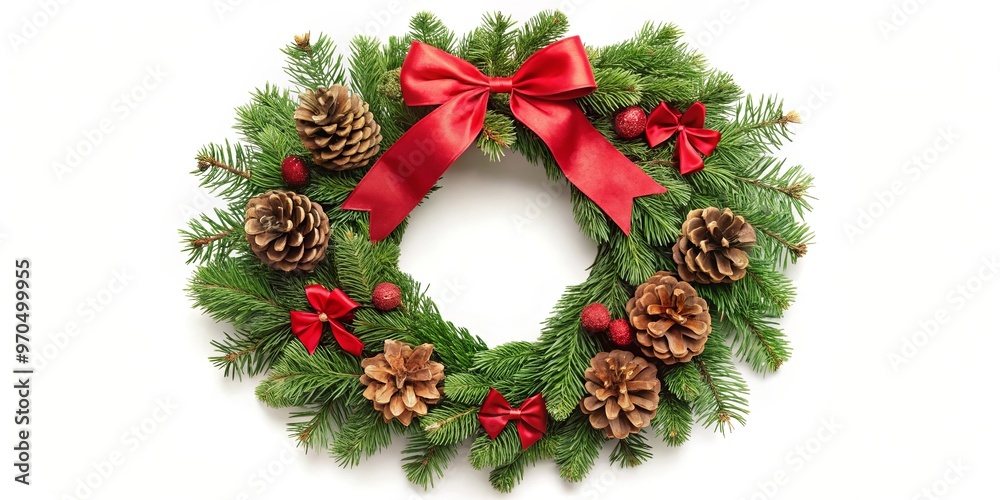 Festive Christmas wreath with pinecones and red bows, perfect for holiday decorating Festive Christmas wreath with pinecones and red bows, perfect for holiday decorating