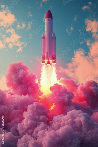 Rocket launches into a colorful sky, surrounded by vibrant clouds at dusk