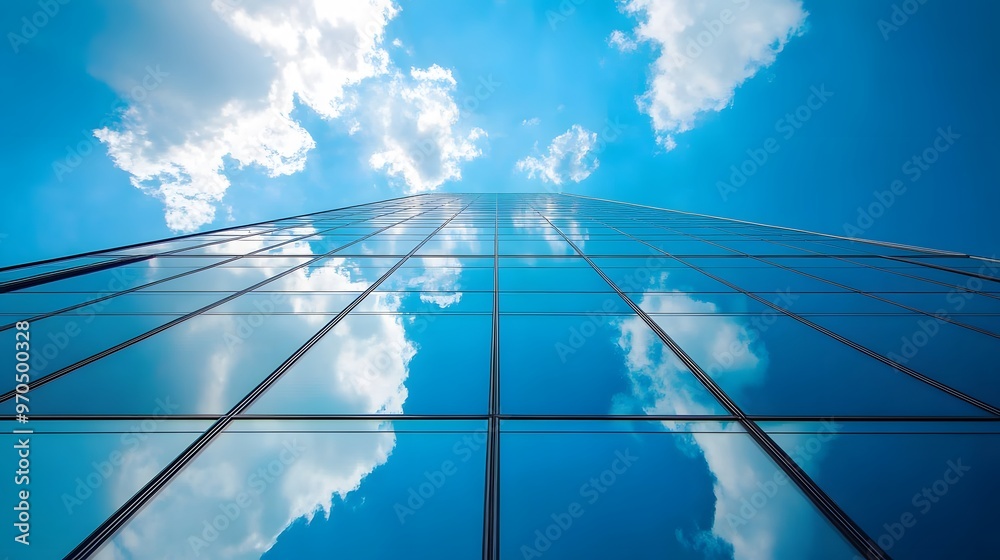 Fototapeta premium Blue Glass Facade Reflecting Clouds and Sky