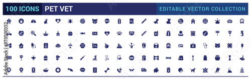 Pet vet and pet shop solid icon set. Filled icon collections. Vector illustration. Solid icon pack. Glyph icon for web and ui. Editable stroke.