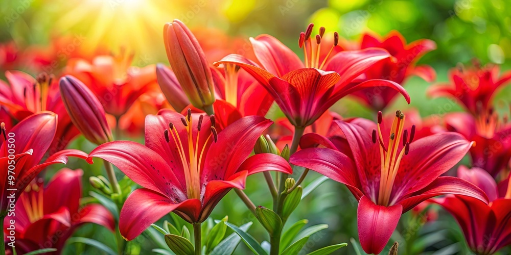 Vibrant red lilies blooming in a garden setting Vibrant red lilies blooming in a garden setting