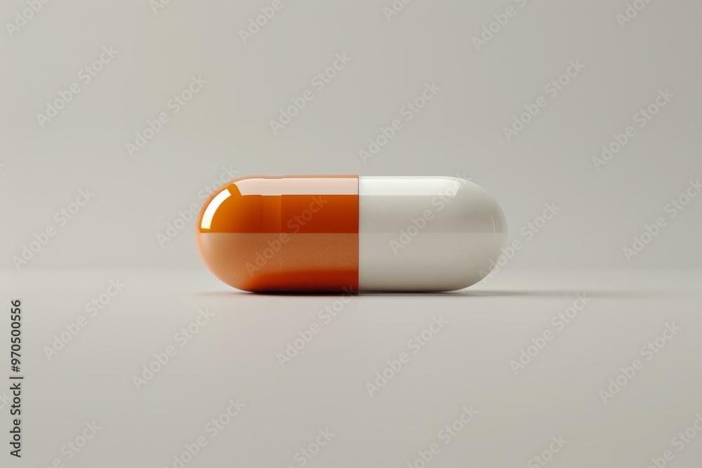 Against a light white background, minimalist product photography highlights a white and orange capsule pill with modernist design in 3D mock-up rendering. Against a light white background, minimalist product photography highlights a white and orange capsule pill with modernist design in 3D mock-up rendering.