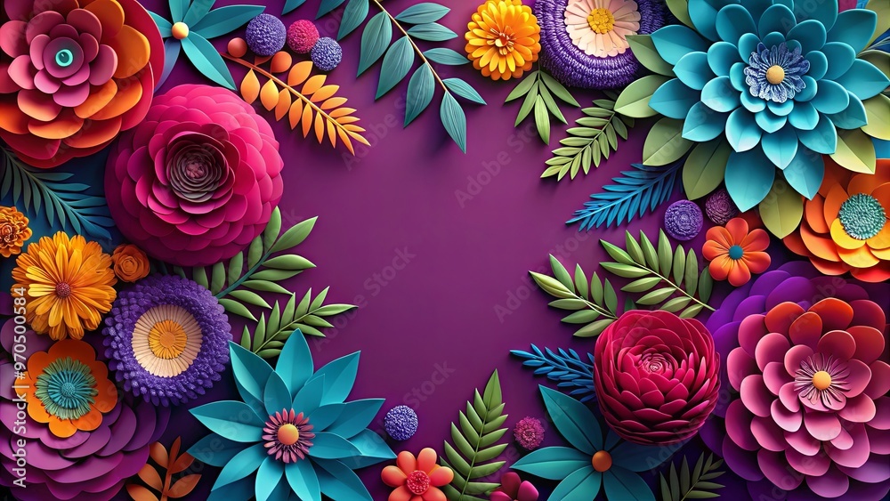 Vibrant background with layered paper cut flowers in deep jewel tones Vibrant background with layered paper cut flowers in deep jewel tones